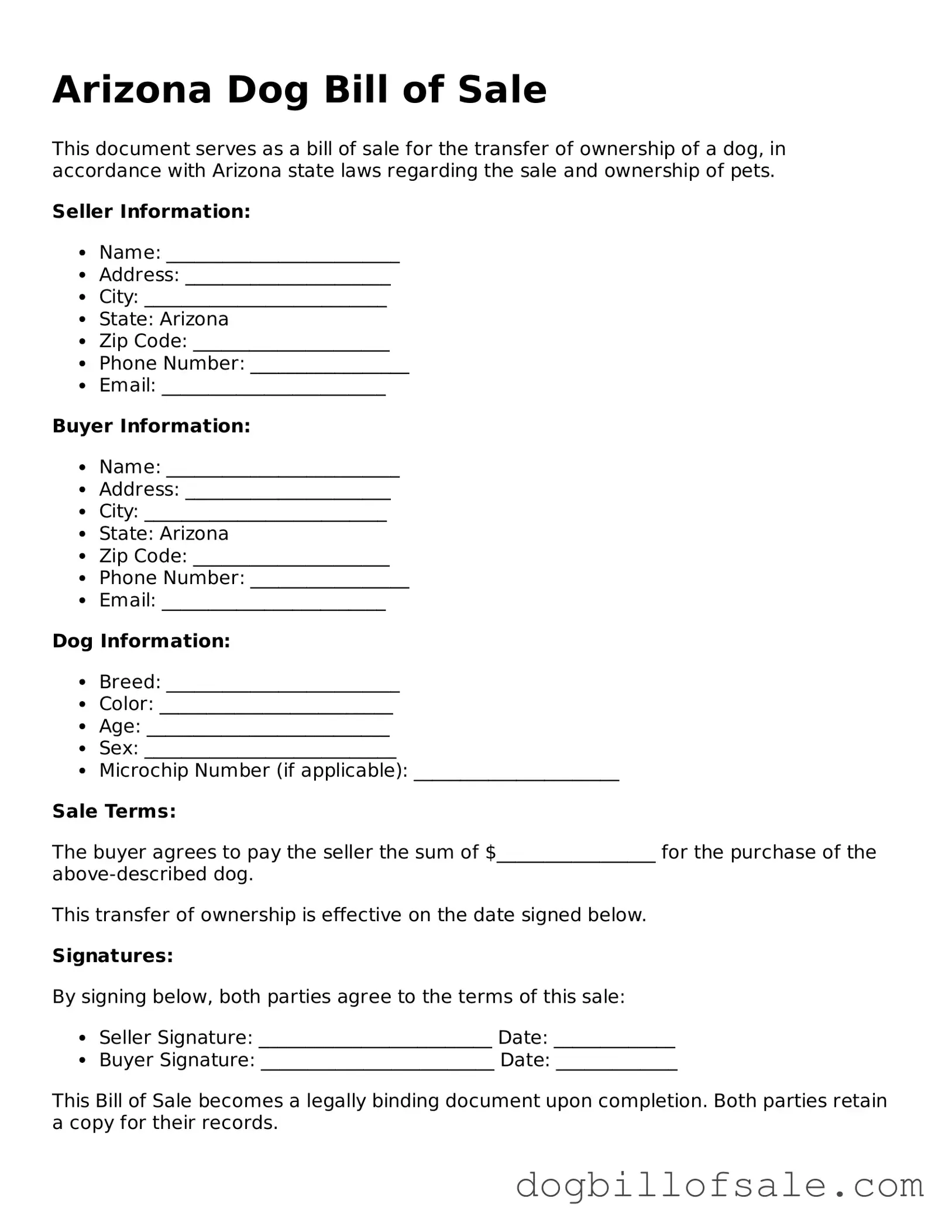 Fillable Dog Bill of Sale Template for the State of Arizona