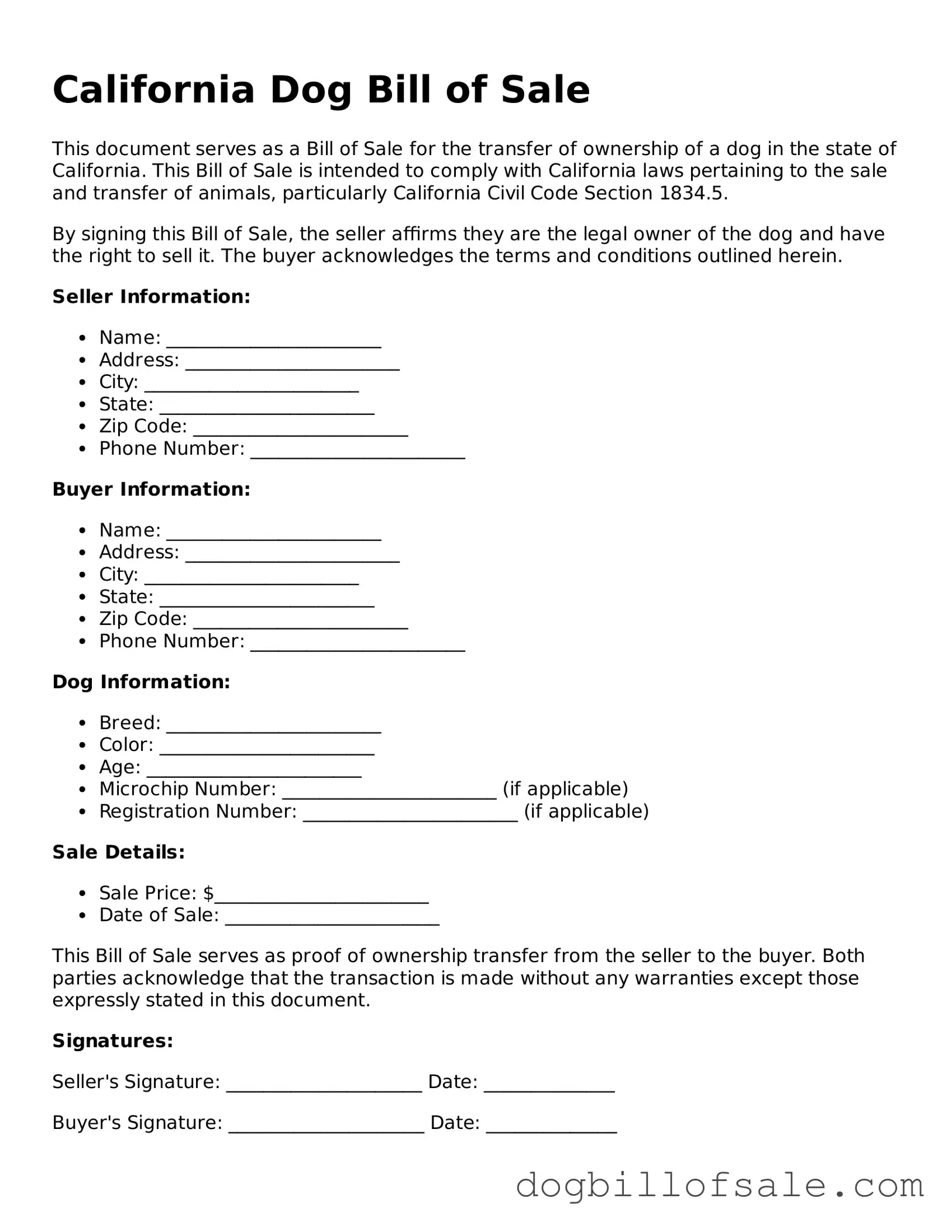 Fillable Dog Bill of Sale Template for the State of California