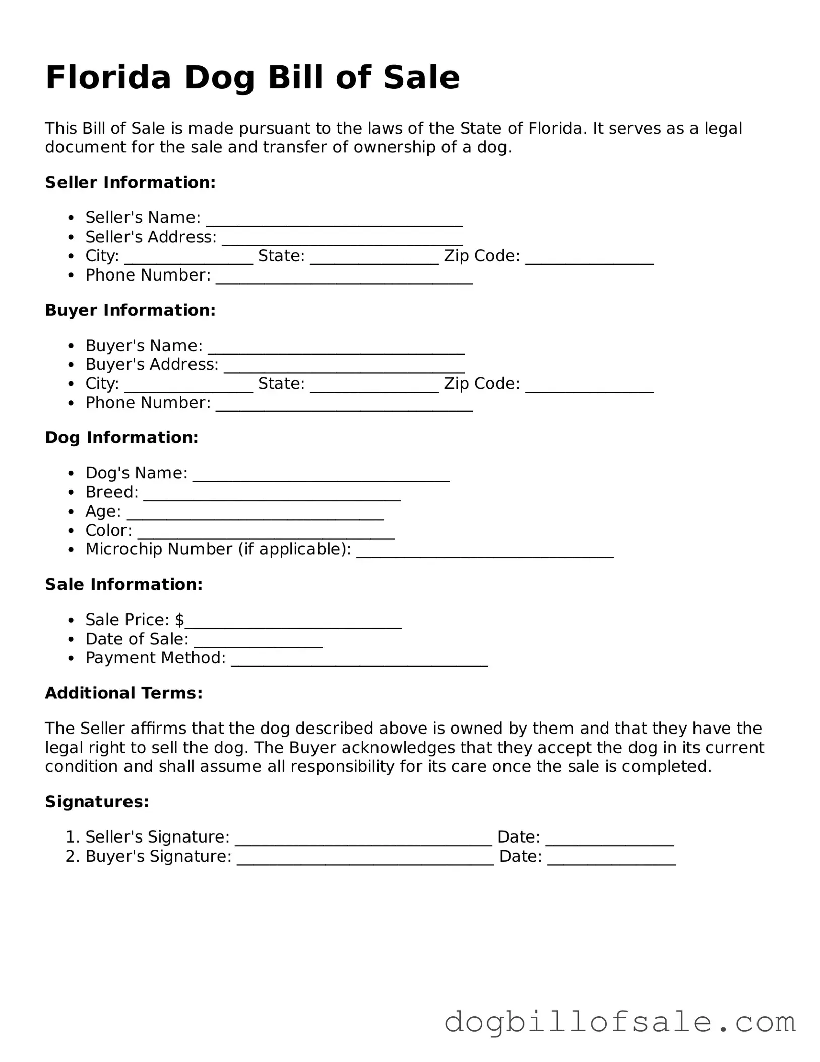 Fillable Dog Bill of Sale Template for the State of Florida