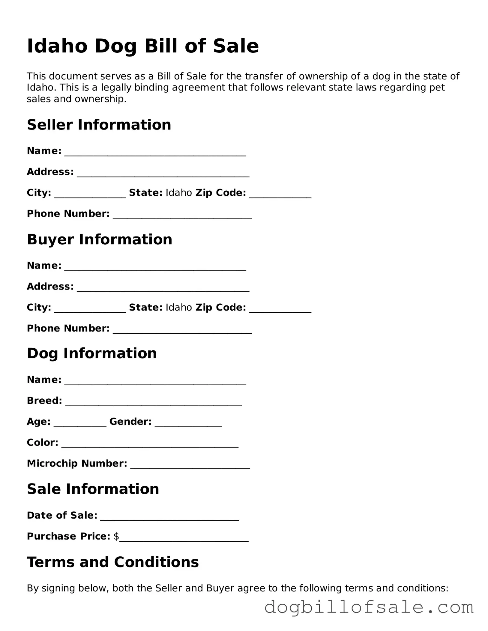 Fillable Dog Bill of Sale Template for the State of Idaho